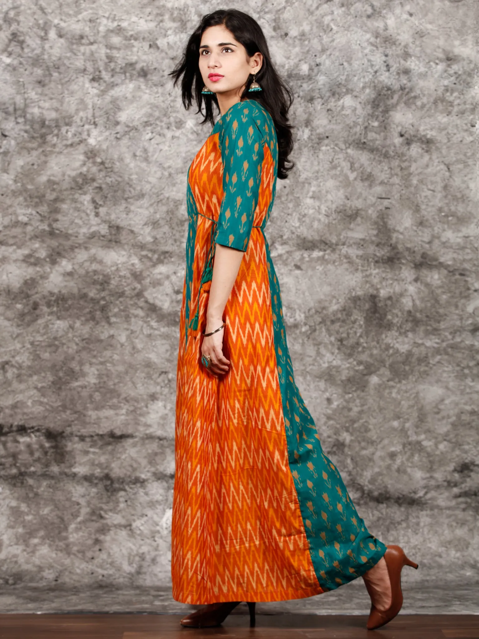 Green Orange Yellow Hand Woven Cotton Mercerized Ikat Princess Cut Cotton Long Dress - D308F1572