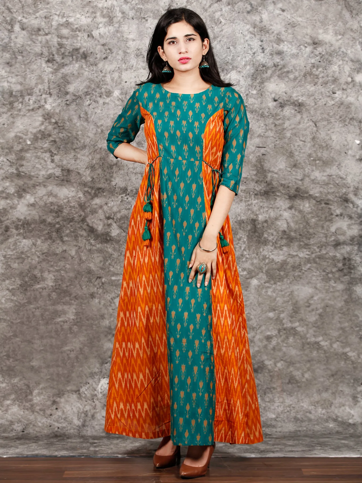 Green Orange Yellow Hand Woven Cotton Mercerized Ikat Princess Cut Cotton Long Dress - D308F1572