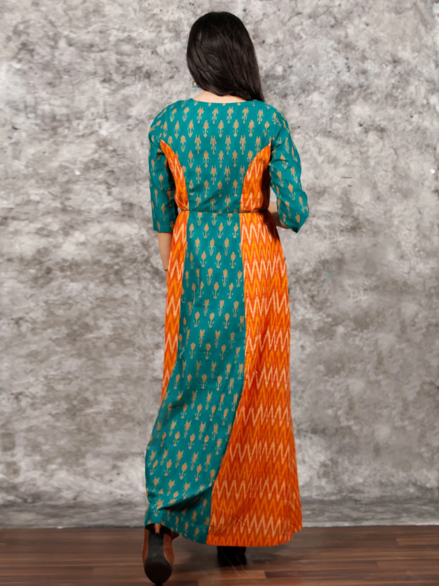 Green Orange Yellow Hand Woven Cotton Mercerized Ikat Princess Cut Cotton Long Dress - D308F1572