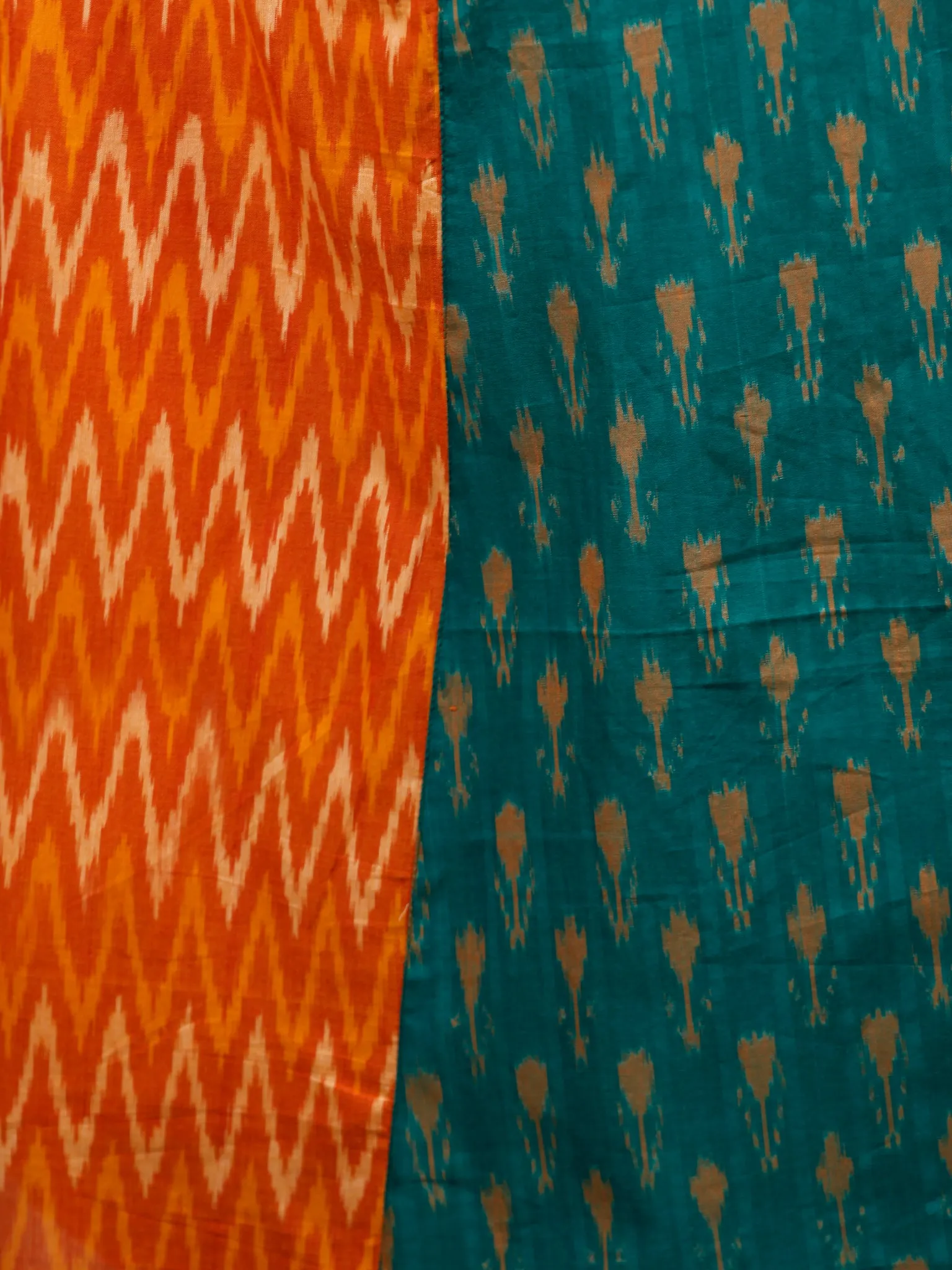 Green Orange Yellow Hand Woven Cotton Mercerized Ikat Princess Cut Cotton Long Dress - D308F1572