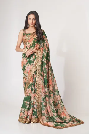 Green Organza Saree with Sequin Embroidery and Digital Print