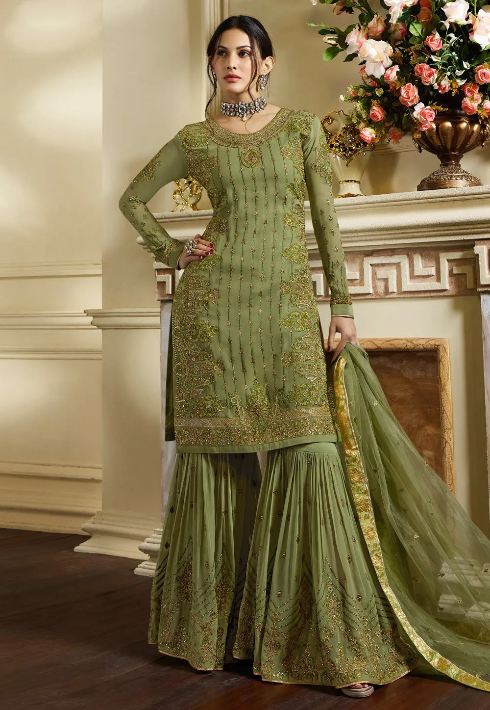 Green Overall Traditional Embroidered Gharara Suit