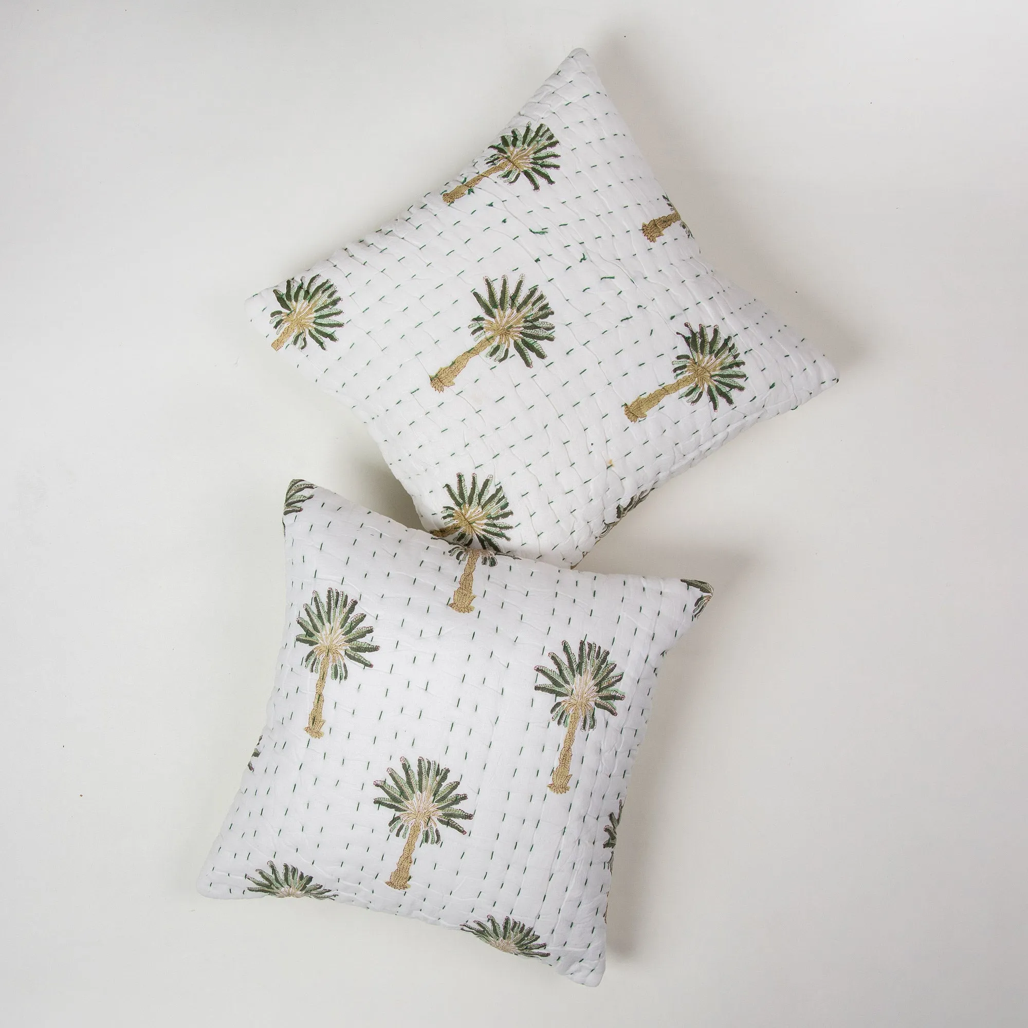 Green Palm Tree Printed Kantha 18x18 Cushion Covers