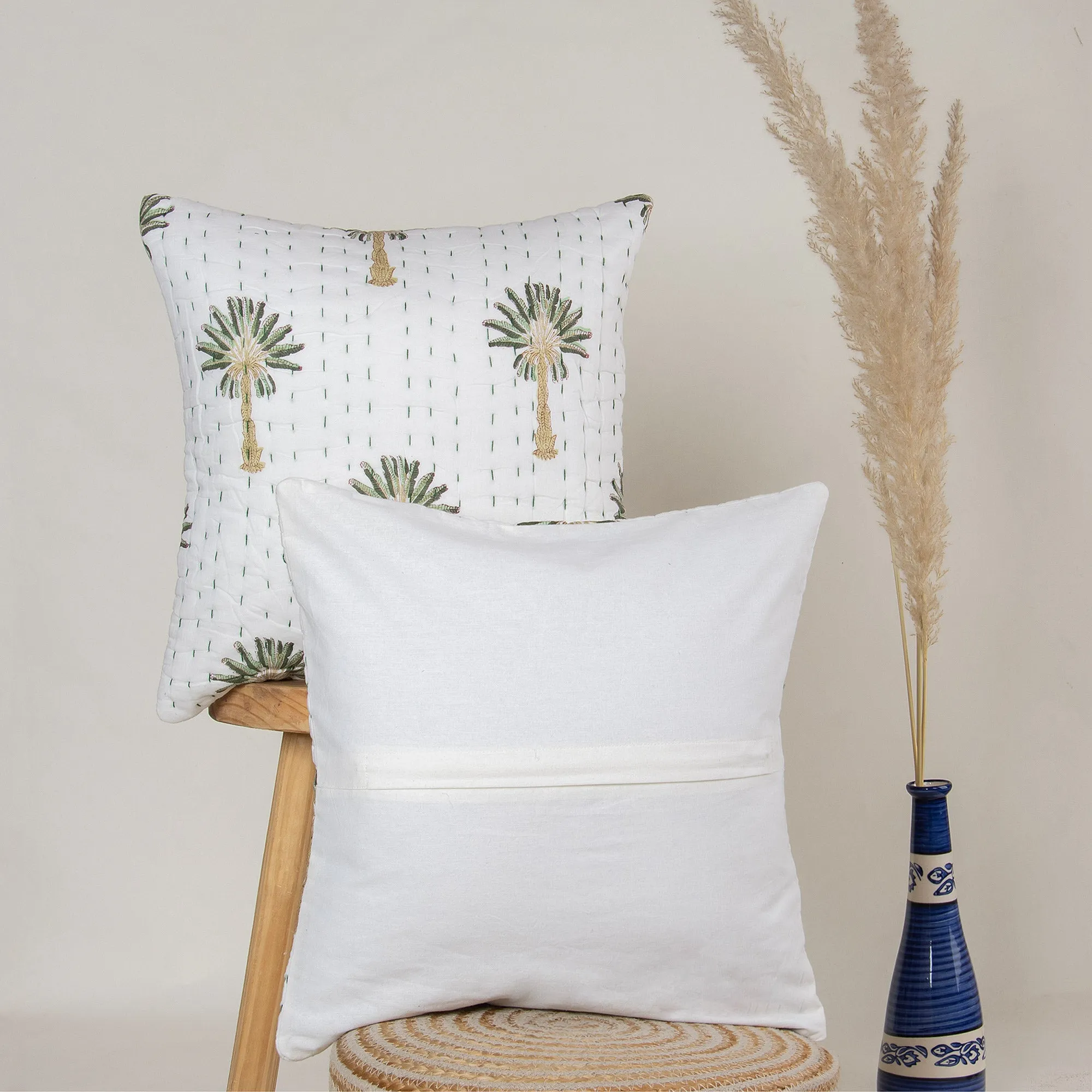 Green Palm Tree Printed Kantha 18x18 Cushion Covers