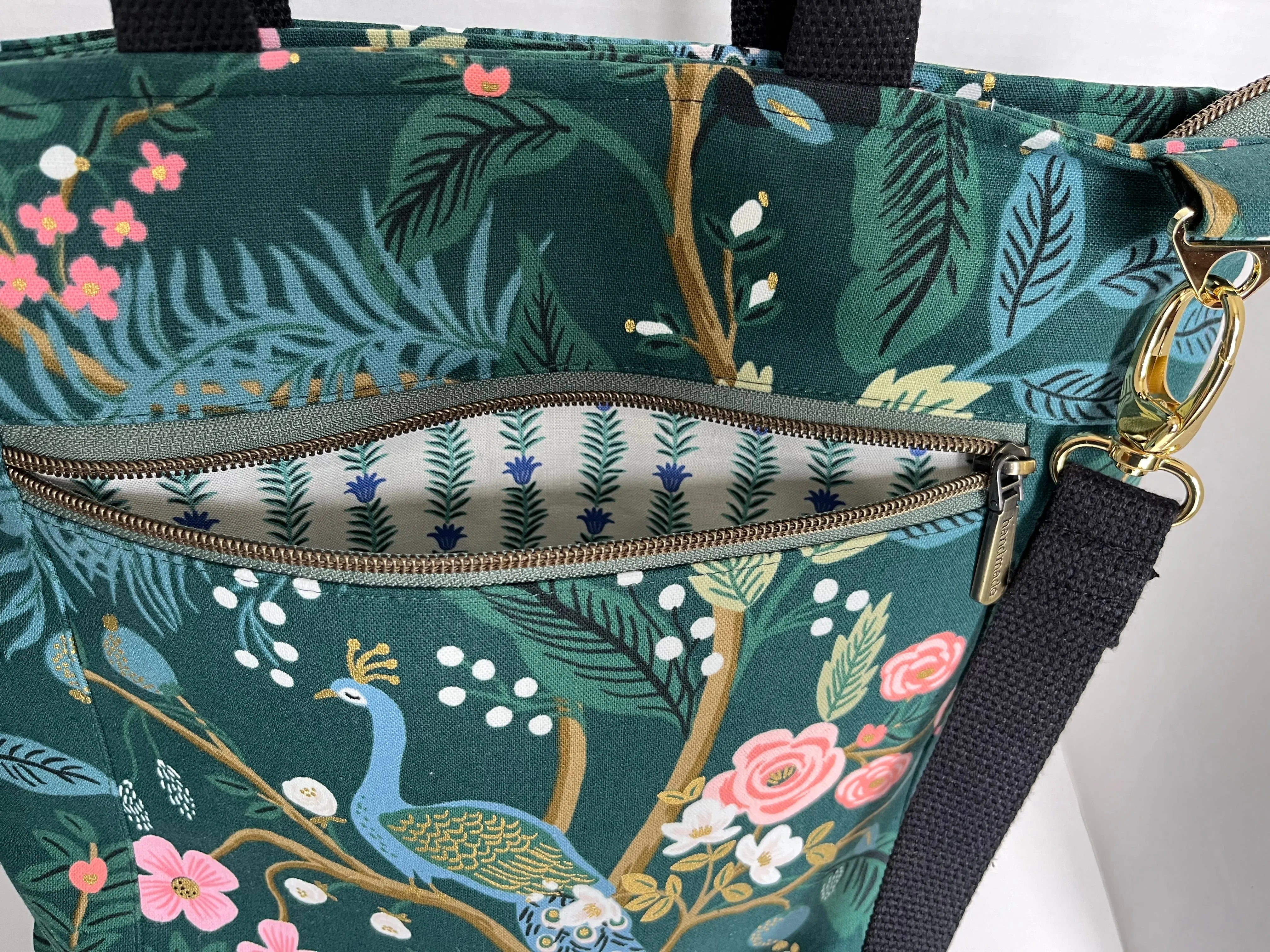 Green Peacock Themed Rifle Paper Co Canvas Cross body Tote Bag