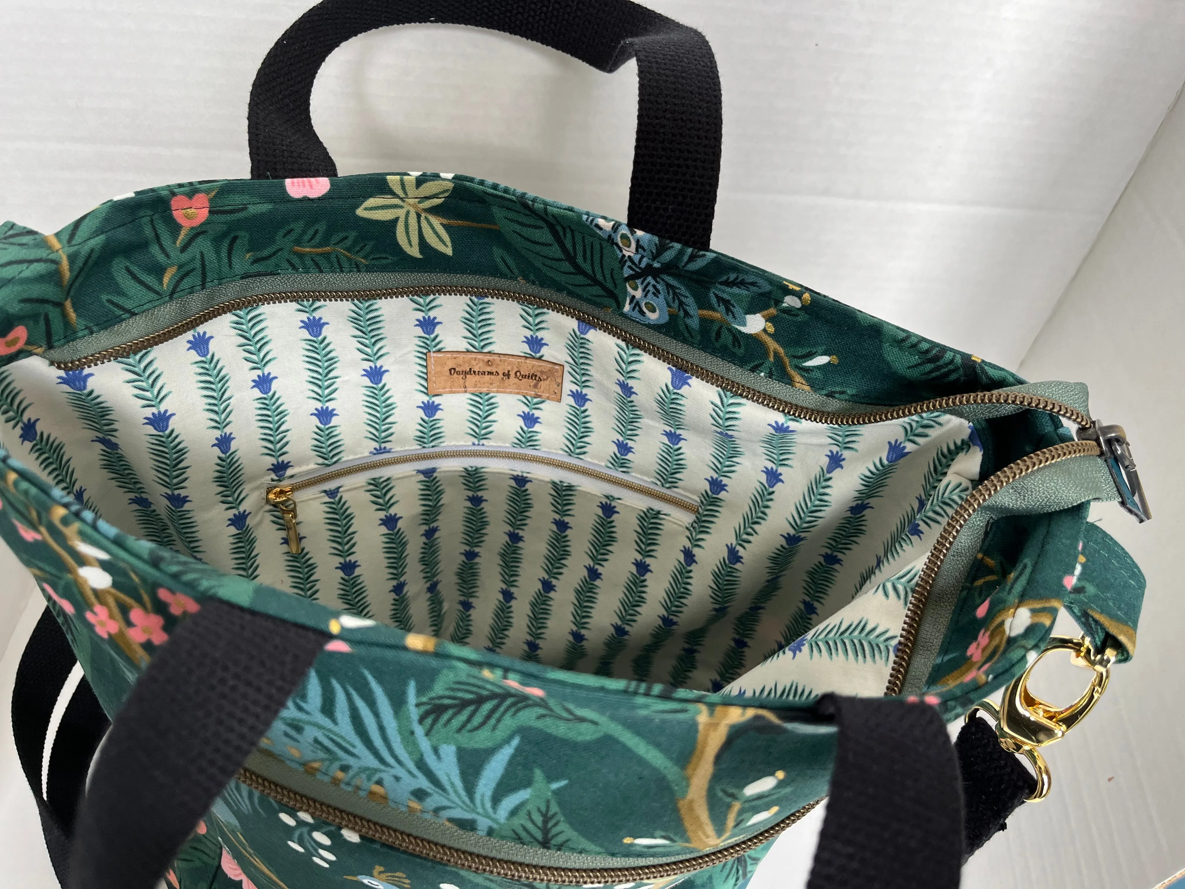 Green Peacock Themed Rifle Paper Co Canvas Cross body Tote Bag