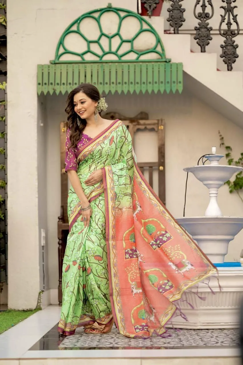 Green Pichwai Linen Cotton  Saree