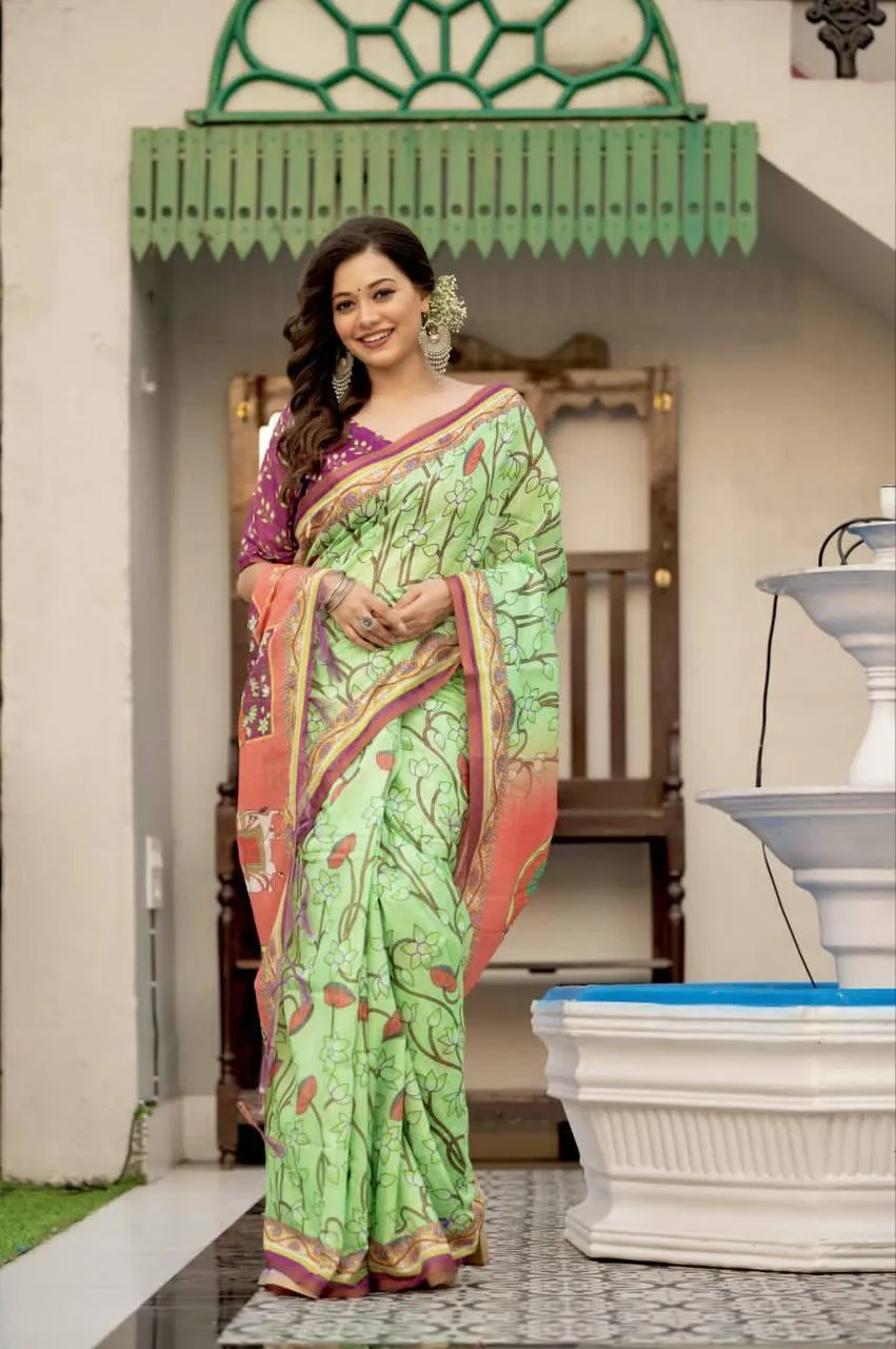 Green Pichwai Linen Cotton  Saree