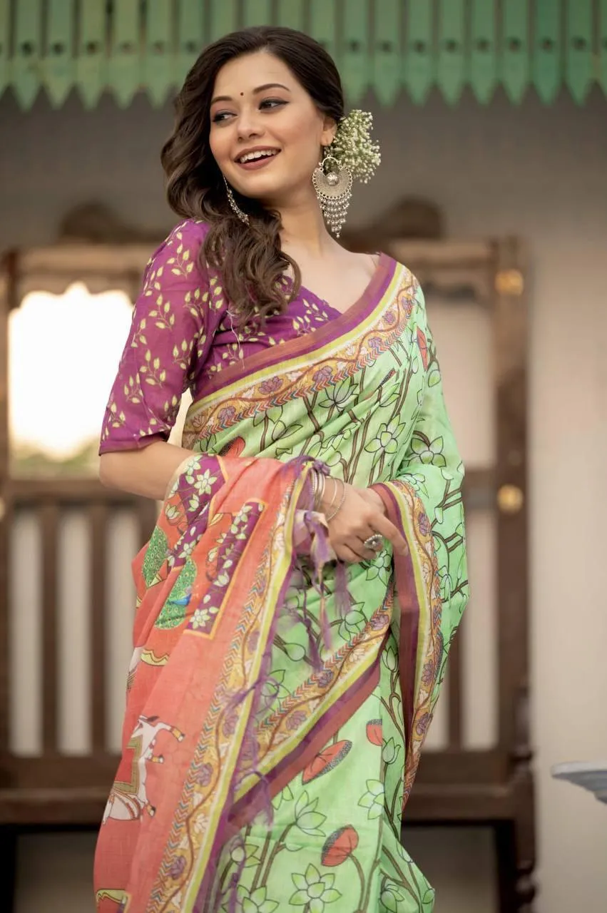 Green Pichwai Linen Cotton  Saree