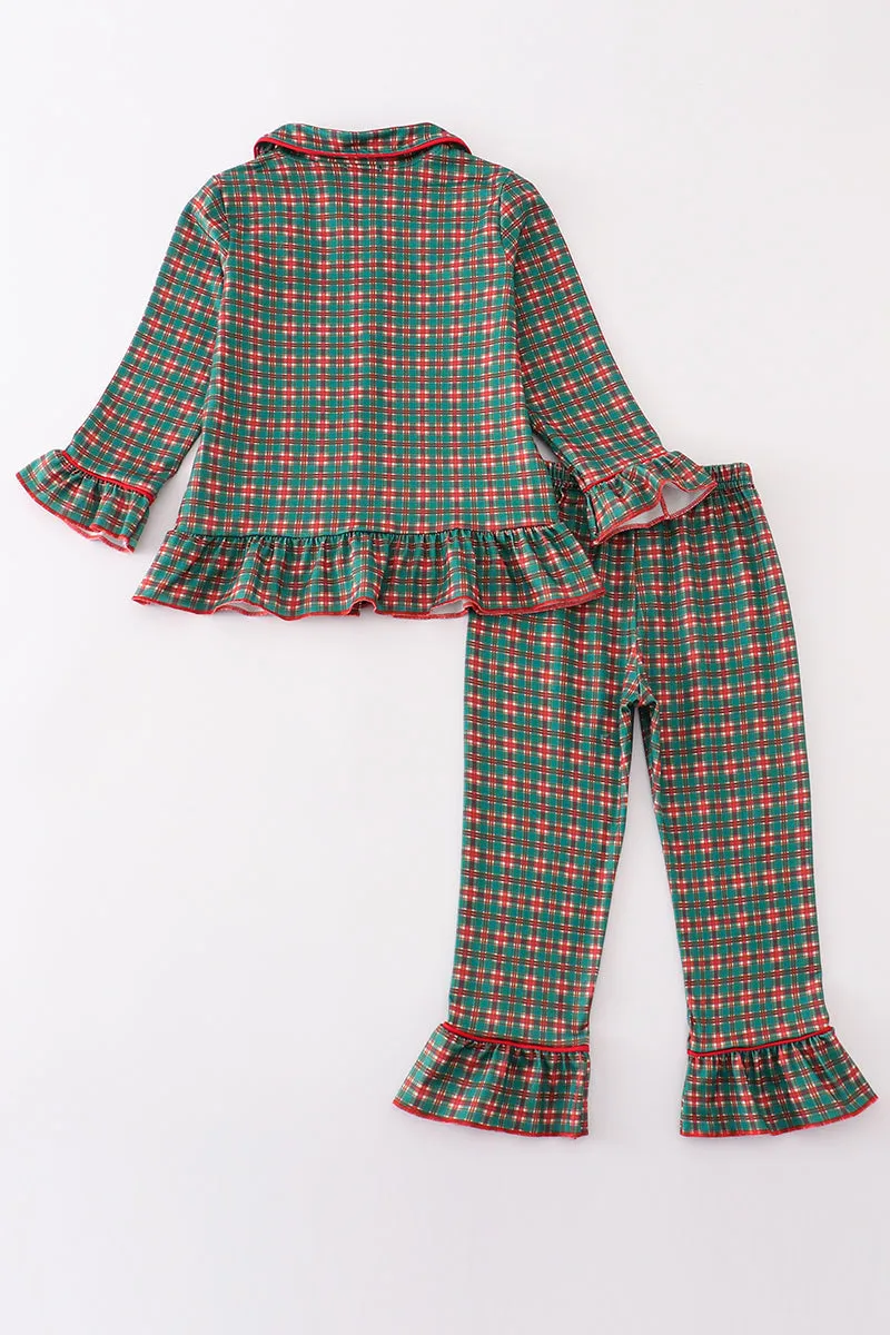 Green plaid girl ruffle pajamas set