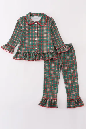 Green plaid girl ruffle pajamas set