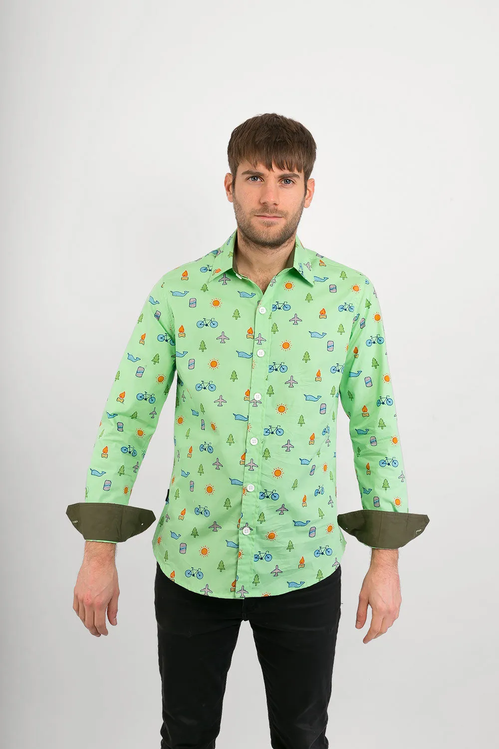 Green Plane Whale Tree Sun Bike Print Cotton Slim Fit Mens Shirt Long Sleeve