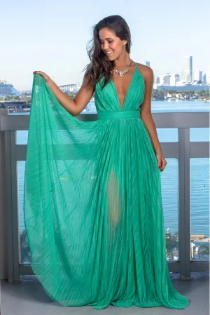 Green Pleated Maxi Dress with Criss Cross Back