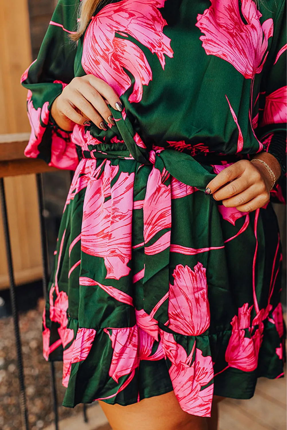 Green Plus Size Shirred Bracelet Sleeve Ruffled Floral Dress