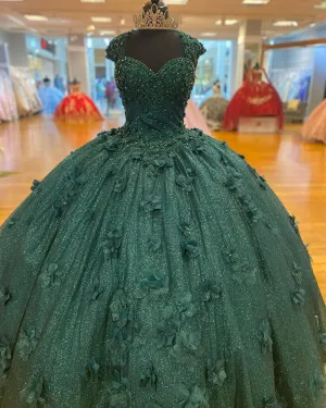 Green Princess Ball Gown Quinceanera Dresses Sweet 15 Party 3D Flowers Lace Applique Crystal Beads Sequin Birthday Gown