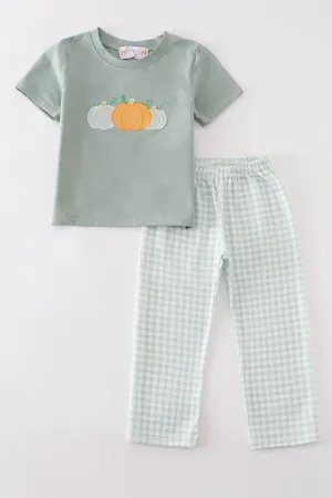 Green pumpkin embroidery plaid boy set