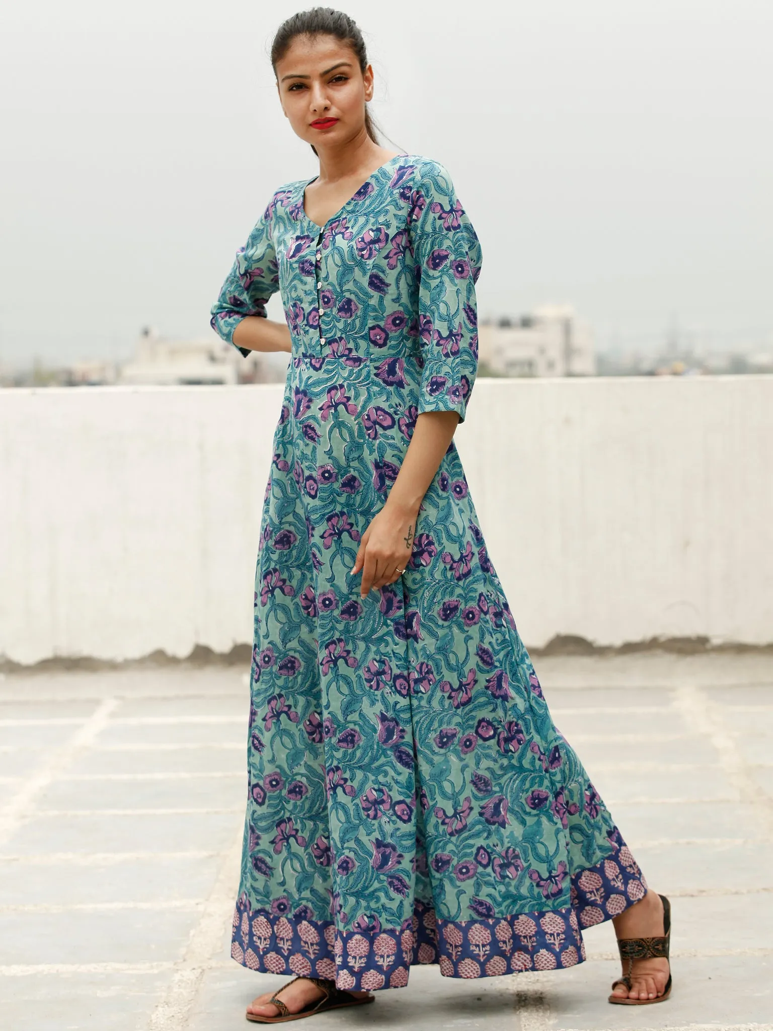 Green Purple Indigo Hand Block Printed Long Cotton Dress With Back Knots - D162F1897