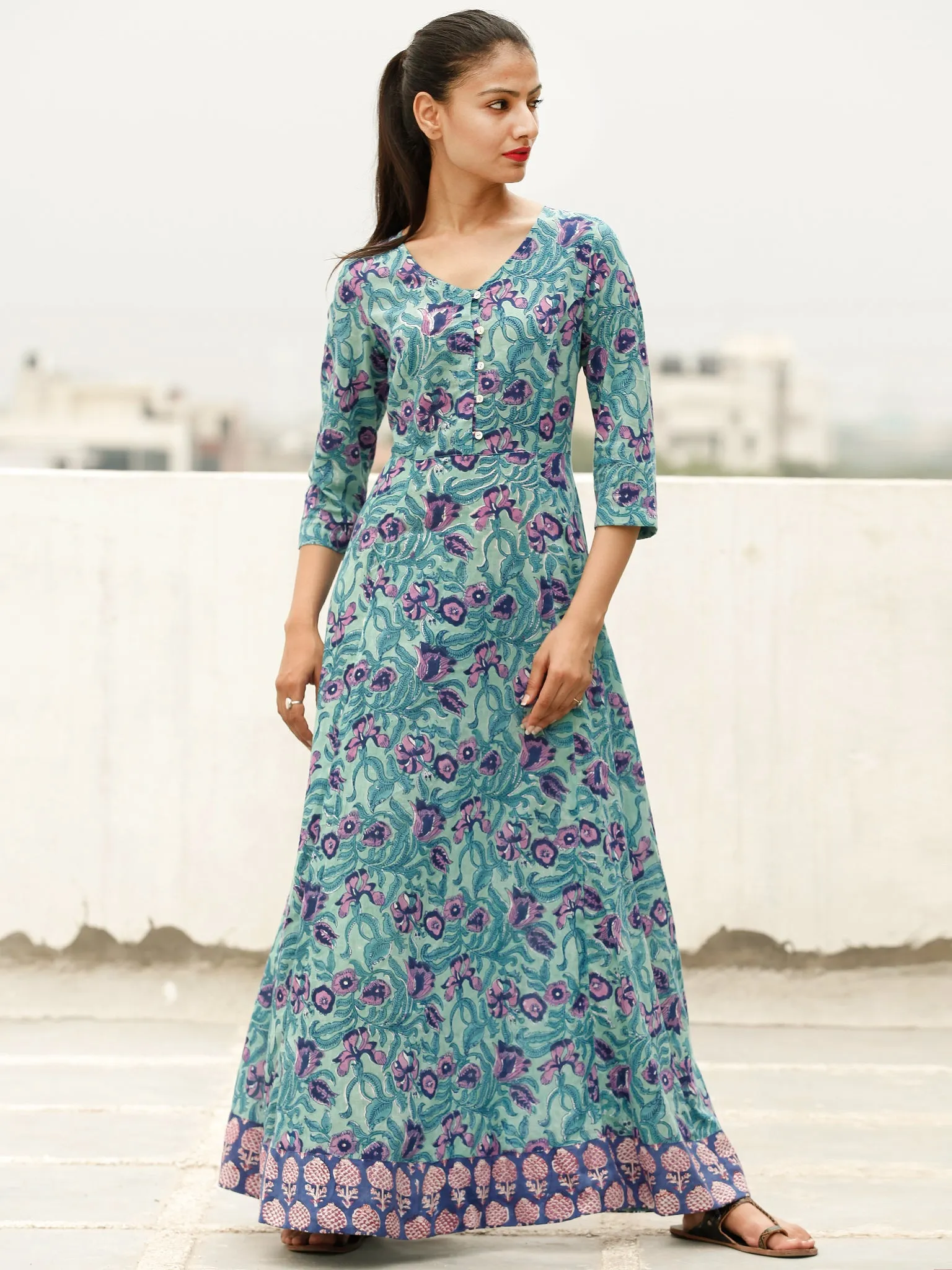 Green Purple Indigo Hand Block Printed Long Cotton Dress With Back Knots - D162F1897