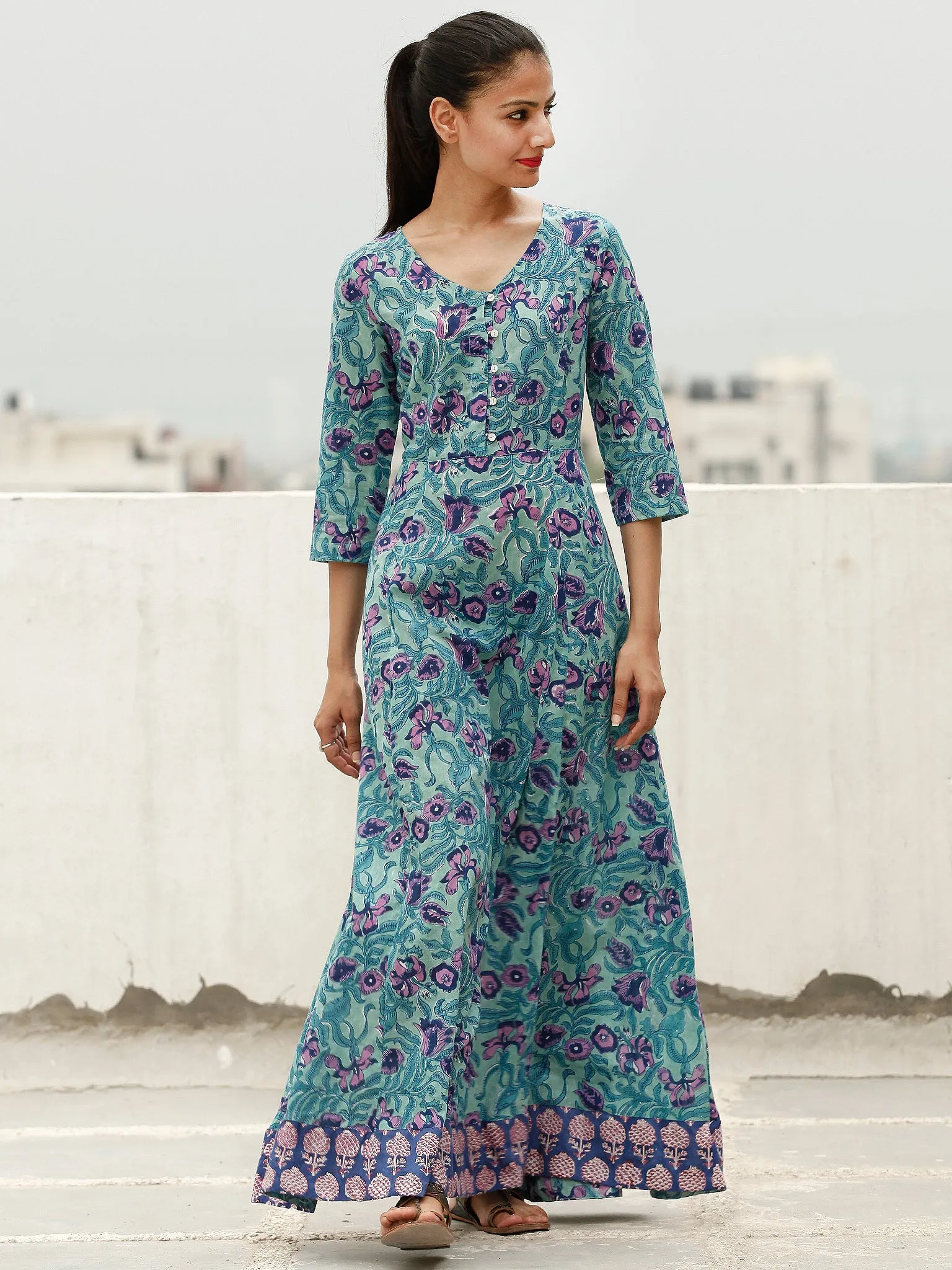 Green Purple Indigo Hand Block Printed Long Cotton Dress With Back Knots - D162F1897