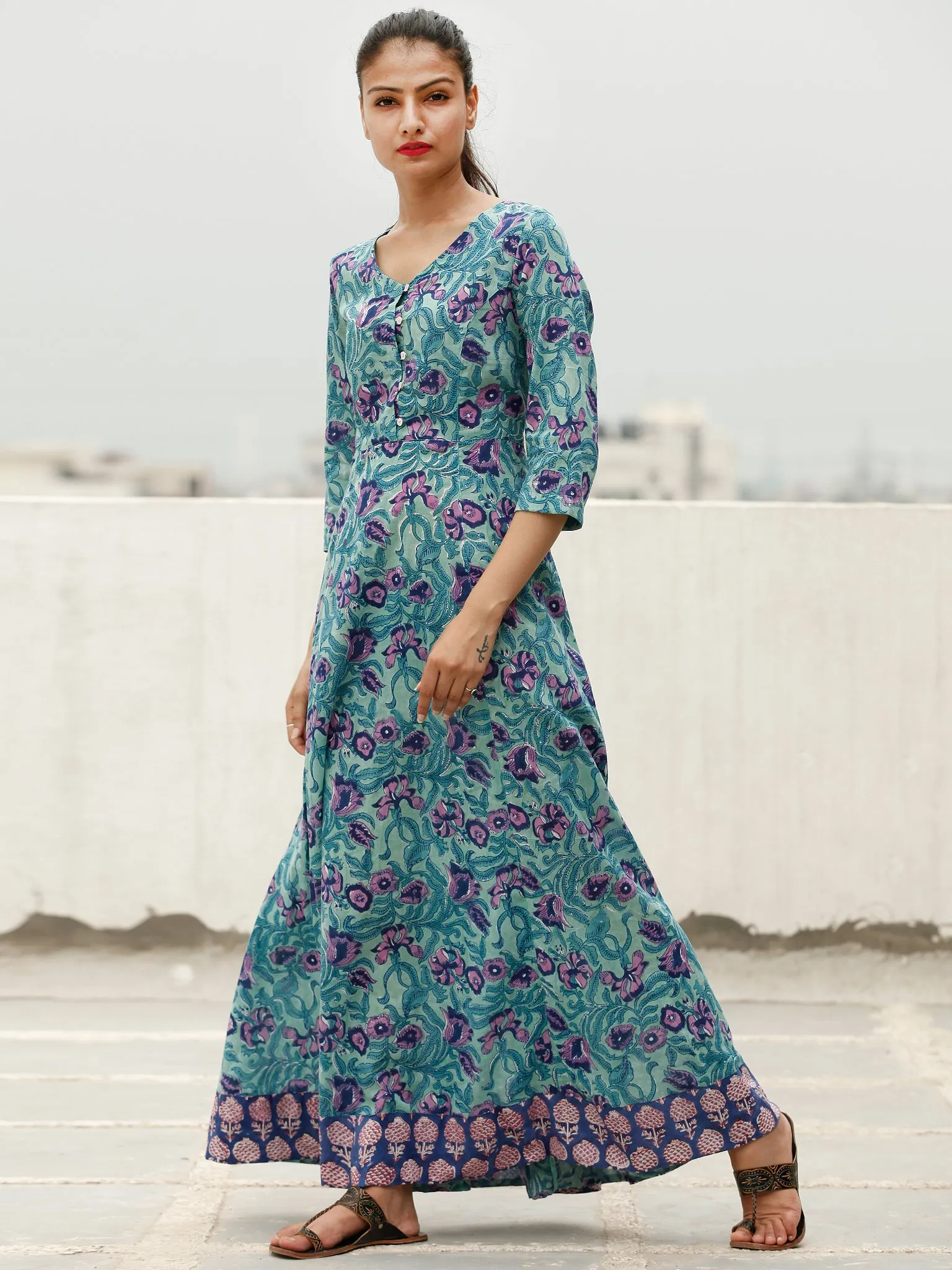 Green Purple Indigo Hand Block Printed Long Cotton Dress With Back Knots - D162F1897