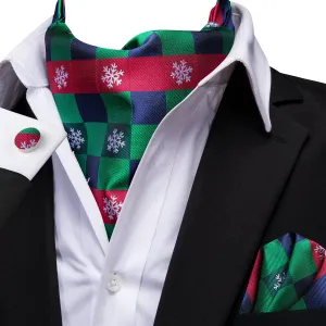 Green Red Plaid Christmas Snowflakes Ascot Pocket Square Cufflinks Set