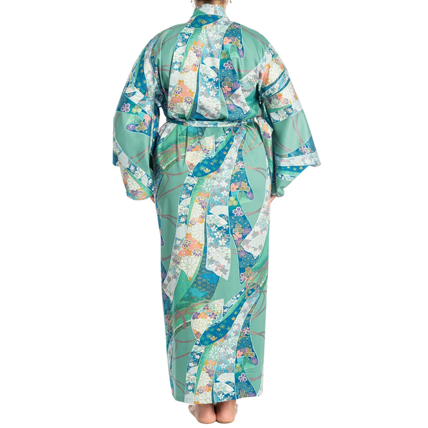 Green Ribbon Long Japanese Cotton Yukata XL