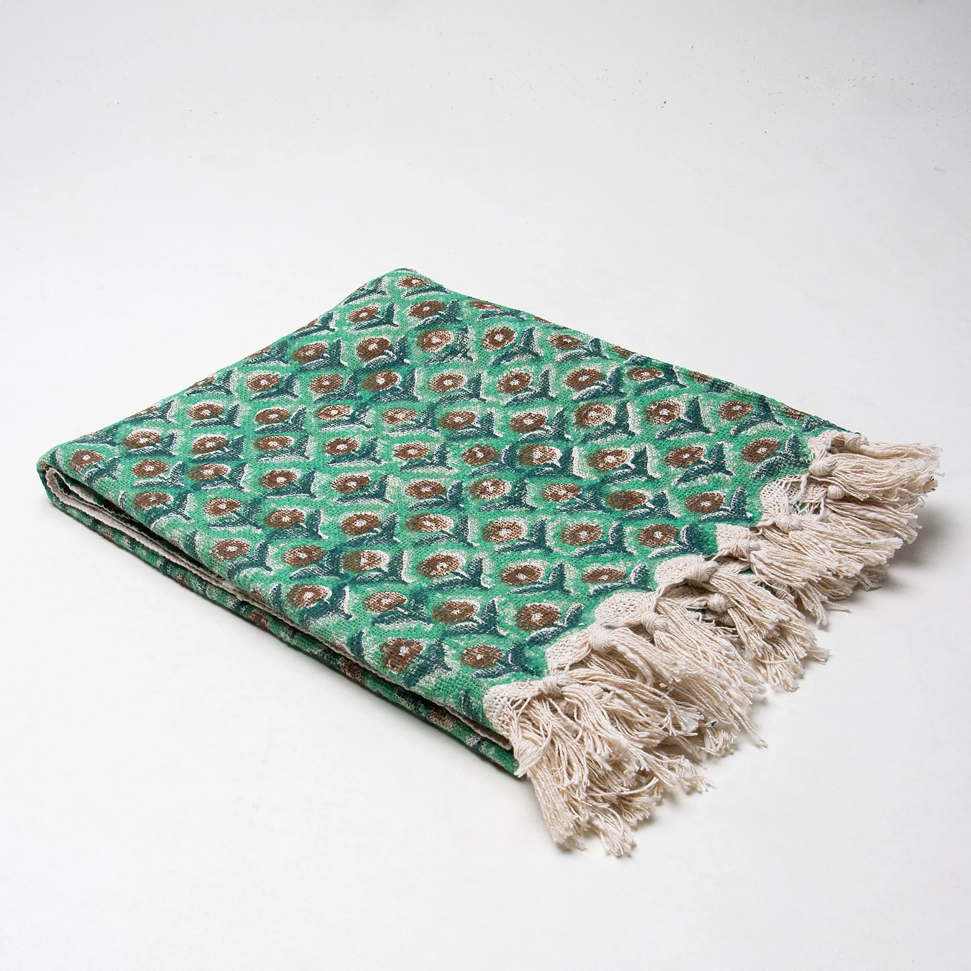 Green Rose Floral Decor Cotton Block Print Throw Blanket