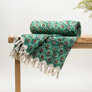 Green Rose Floral Decor Cotton Block Print Throw Blanket