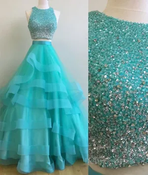 Green Round Neck 2 Pieces Beaded Sequins Tulle Long Prom Dress Green 2 Pieces Formal Dress Green Evening Dress