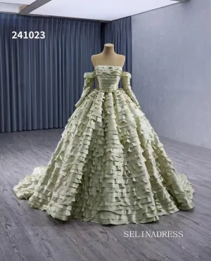 Green Ruffled Wedding Dresses Off the Shoulder Removable Sleeve Quinceanera Dress 241023