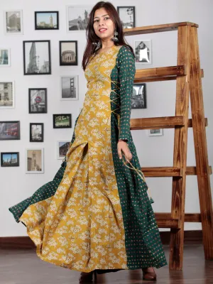 Green Rust Mustard Ivory Hand Block Printed Cotton Dress With Tie Up Detail At Waist  -  D176F1303