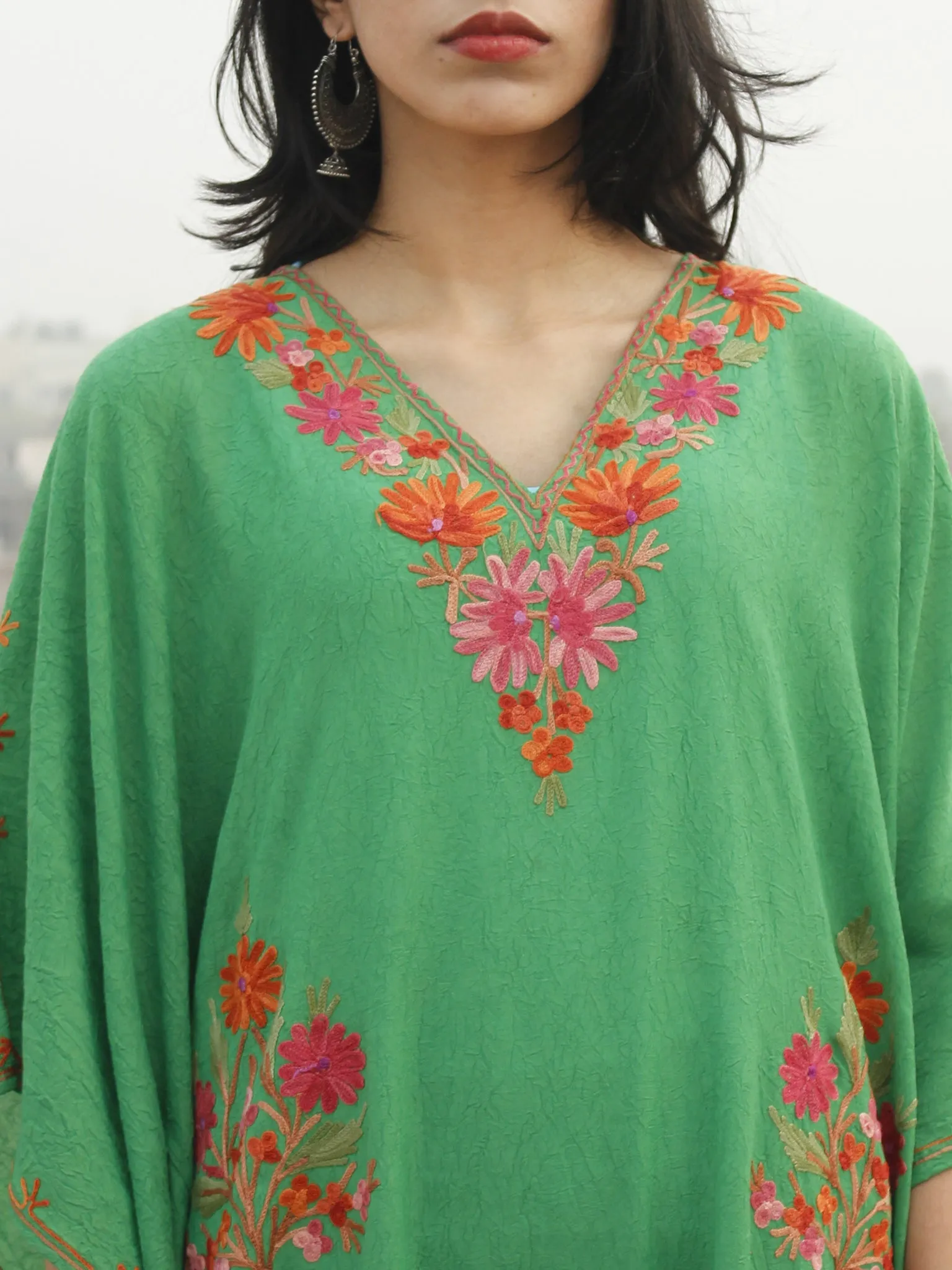 Green Rust Orange Aari Embroidered Long Kashmere Free Size Kaftan in Crushed Cotton - K11K023