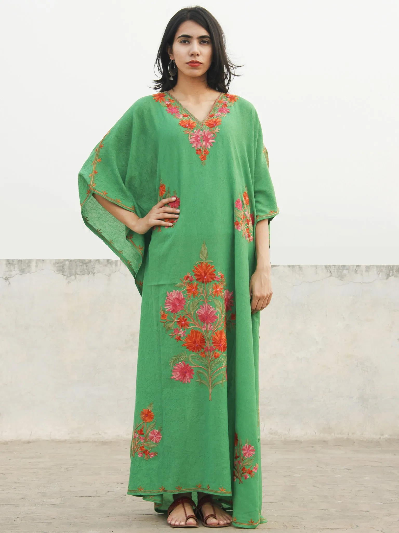 Green Rust Orange Aari Embroidered Long Kashmere Free Size Kaftan in Crushed Cotton - K11K023