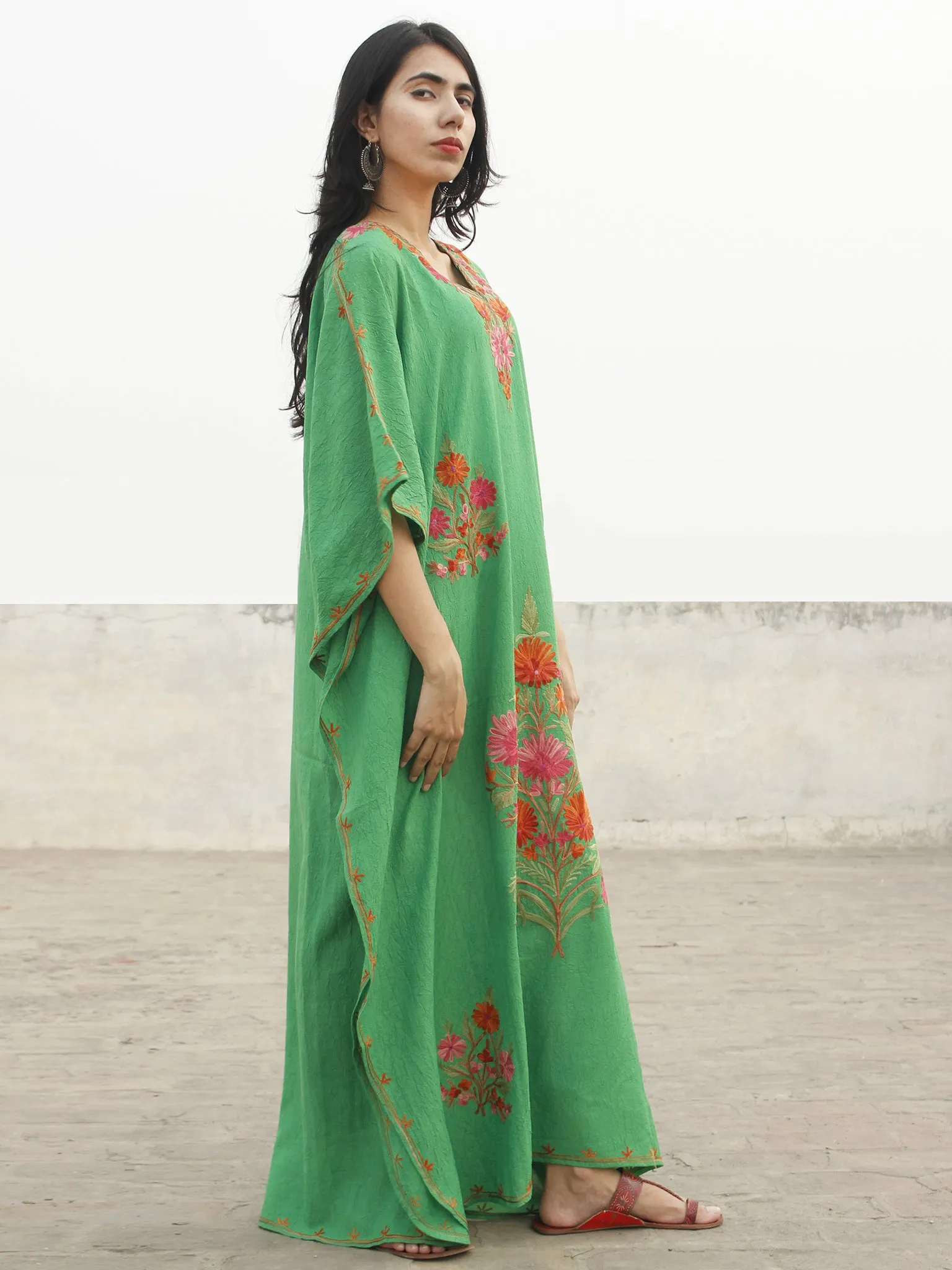 Green Rust Orange Aari Embroidered Long Kashmere Free Size Kaftan in Crushed Cotton - K11K023