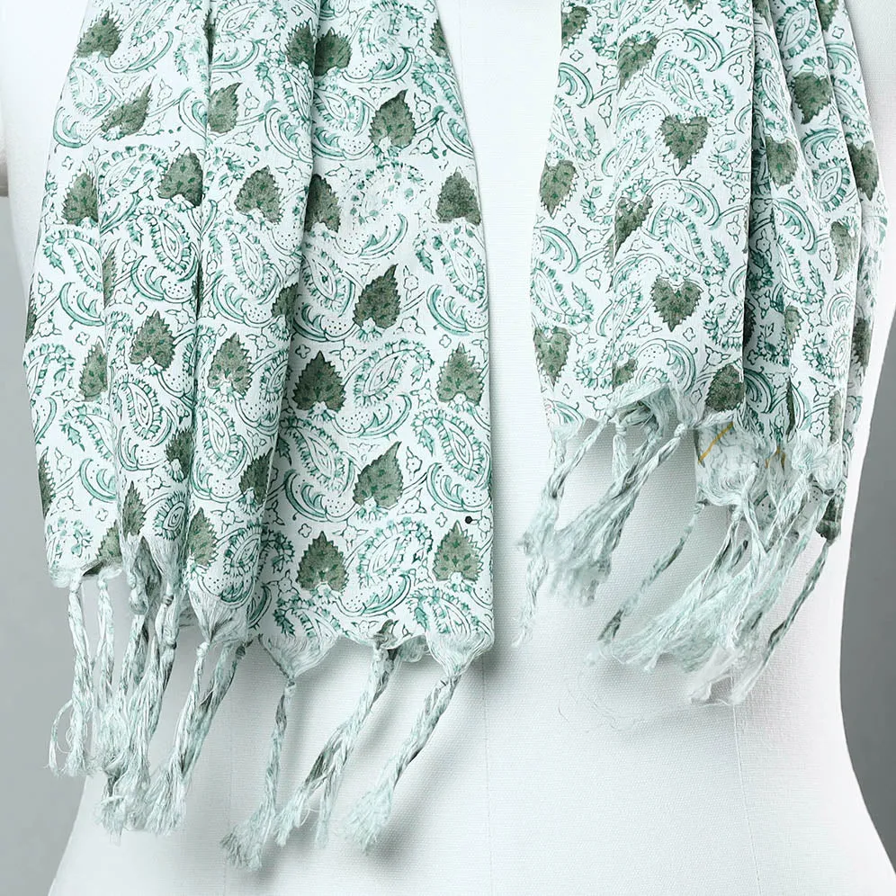 Green - Sanganeri Block Printed Cotton Stole with Tassels 127