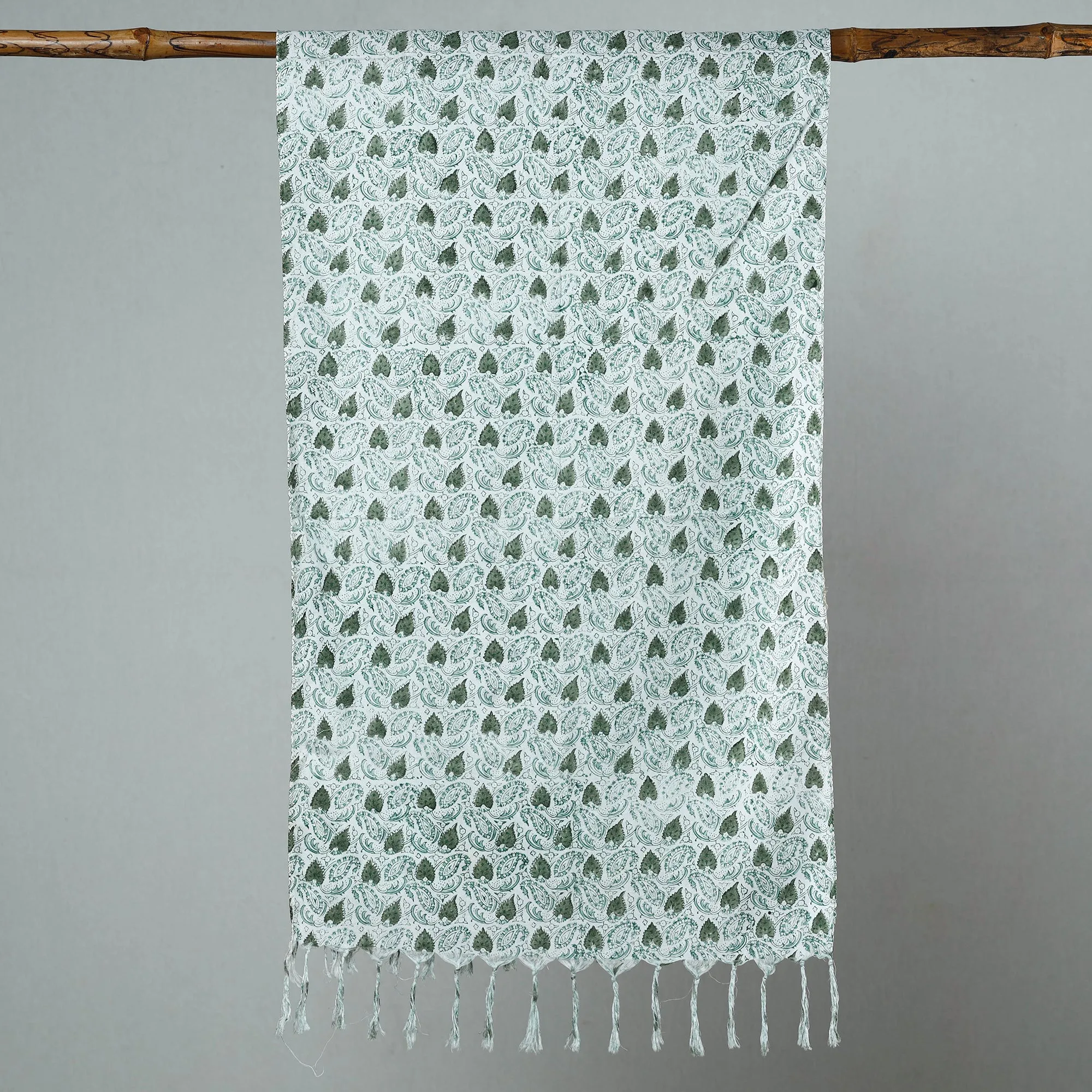 Green - Sanganeri Block Printed Cotton Stole with Tassels 127