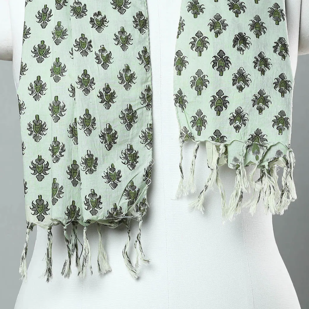 Green - Sanganeri Block Printed Cotton Stole with Tassels 20