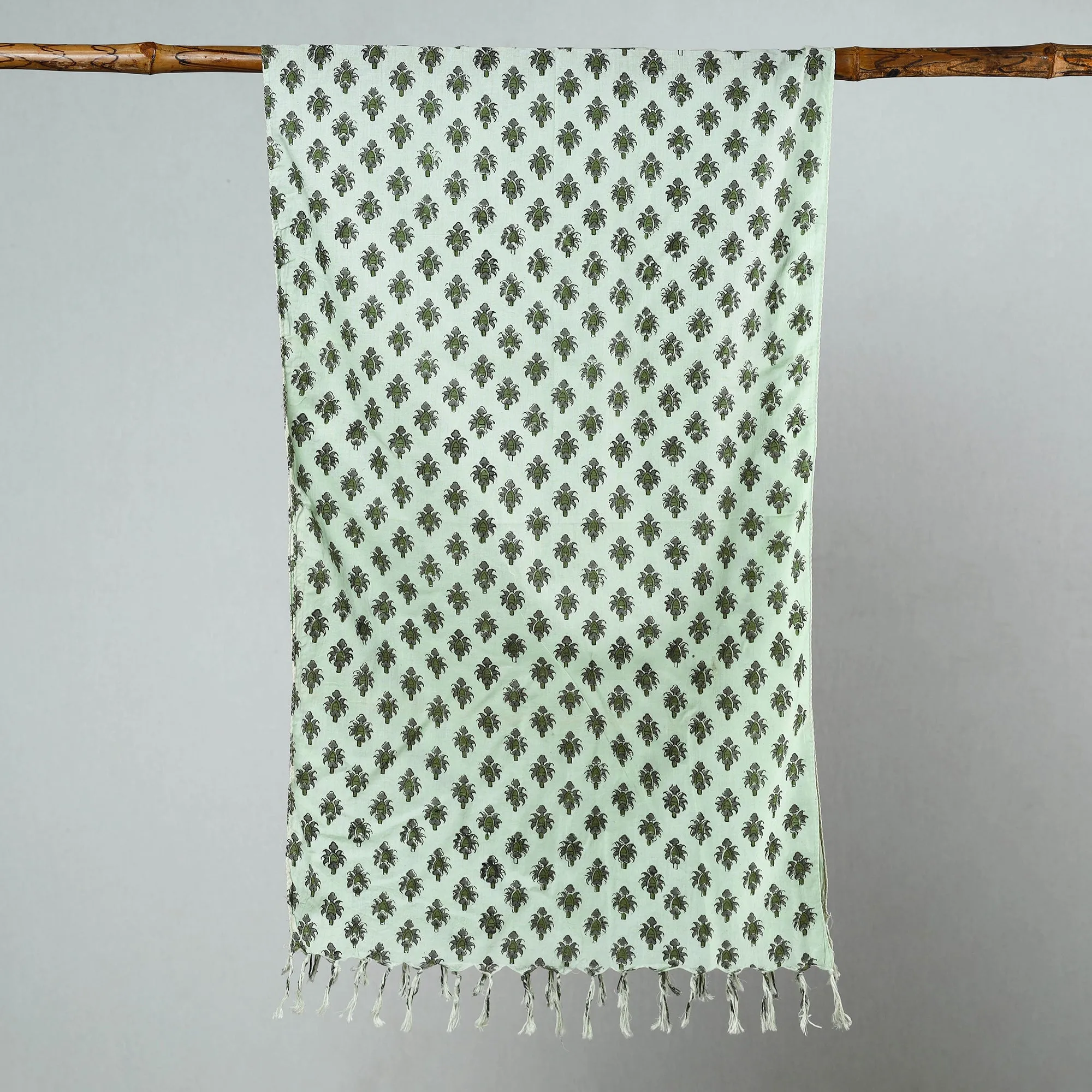 Green - Sanganeri Block Printed Cotton Stole with Tassels 20