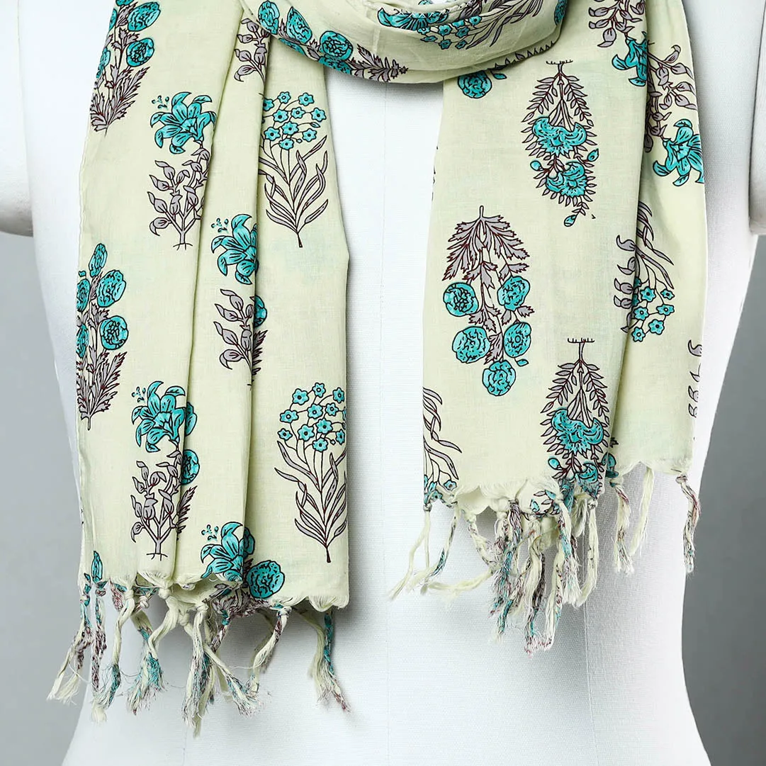 Green - Sanganeri Block Printed Cotton Stole with Tassels 242