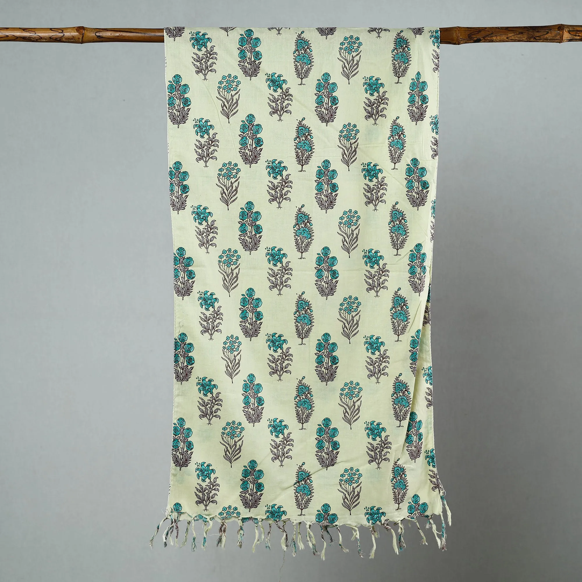 Green - Sanganeri Block Printed Cotton Stole with Tassels 242