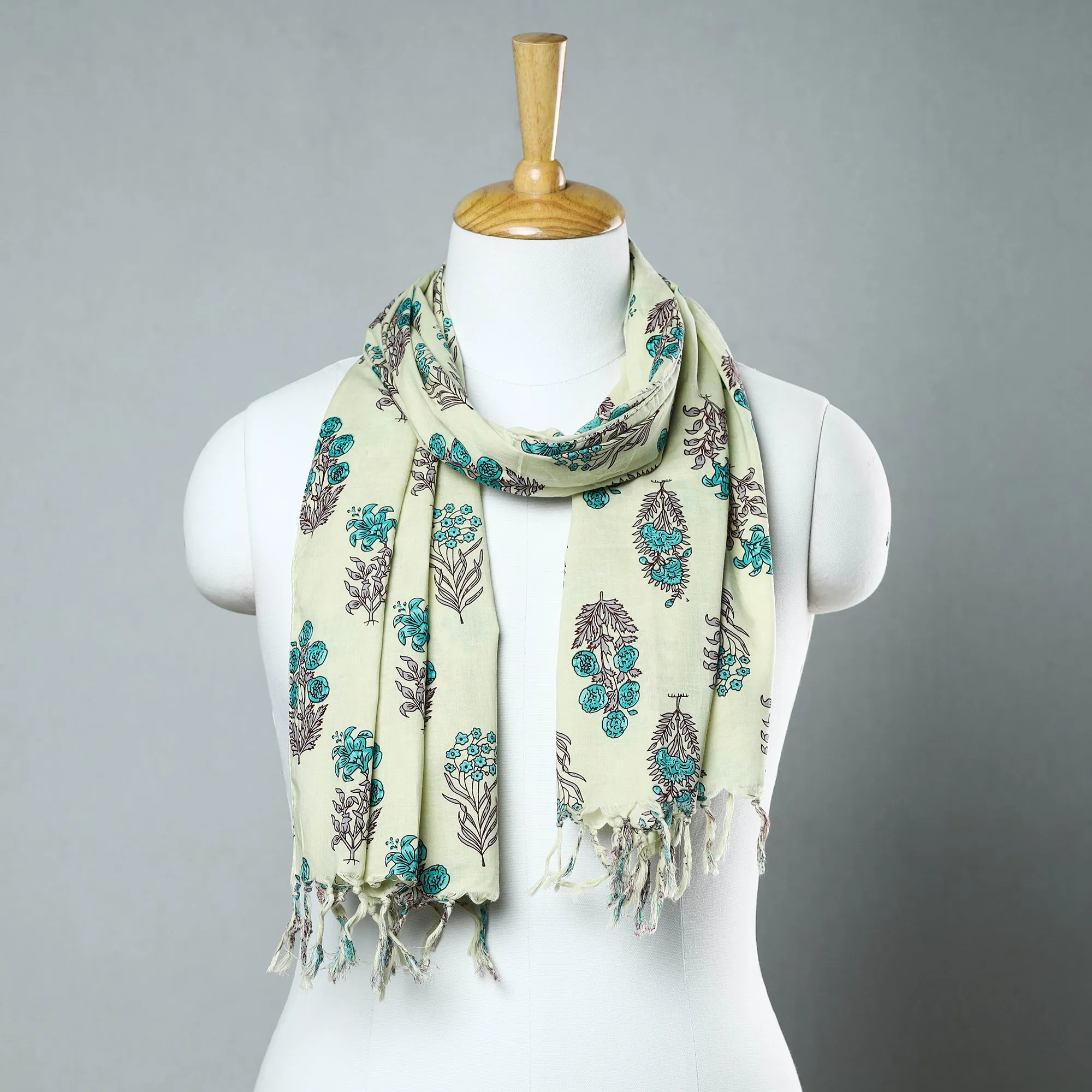 Green - Sanganeri Block Printed Cotton Stole with Tassels 242