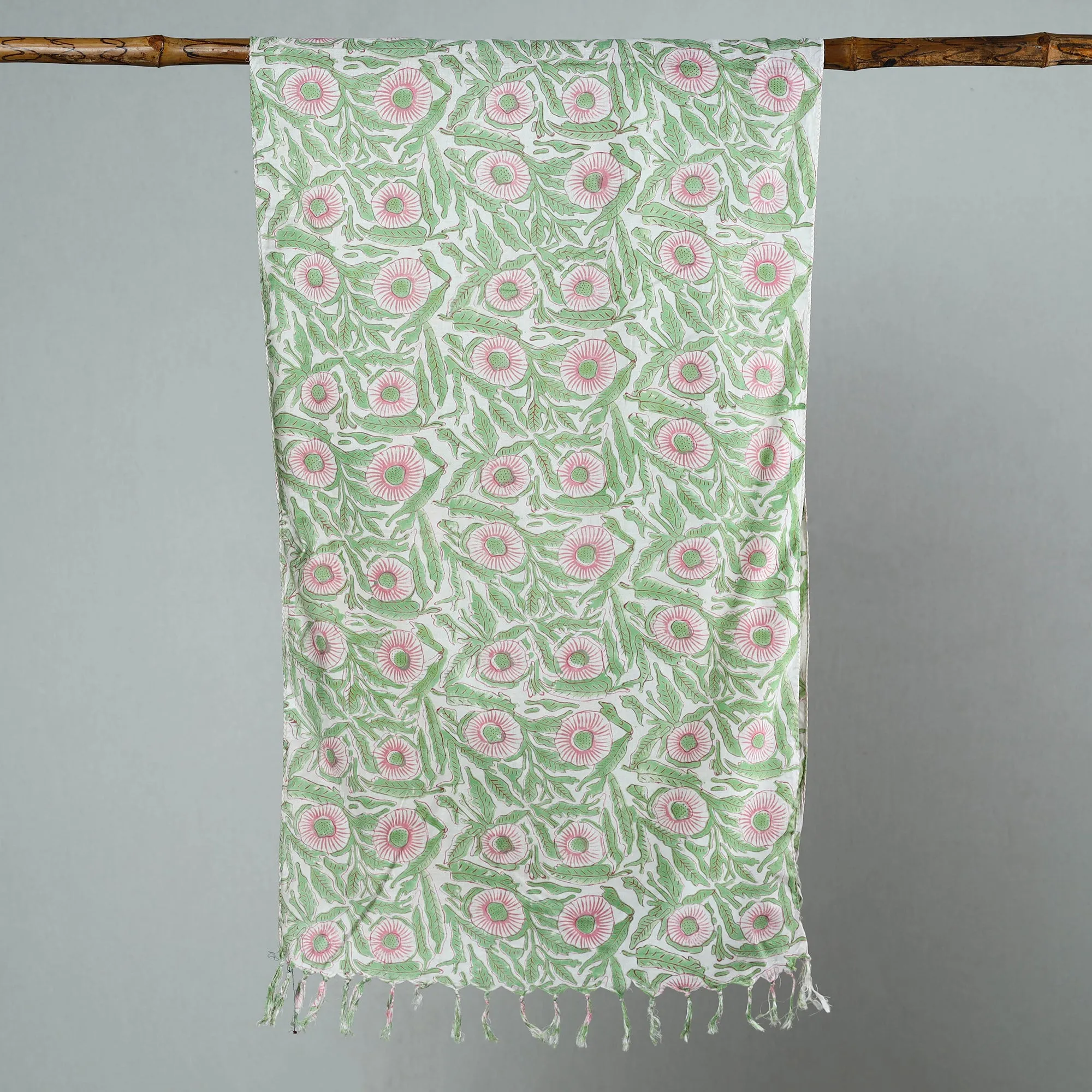 Green - Sanganeri Block Printed Cotton Stole with Tassels 42