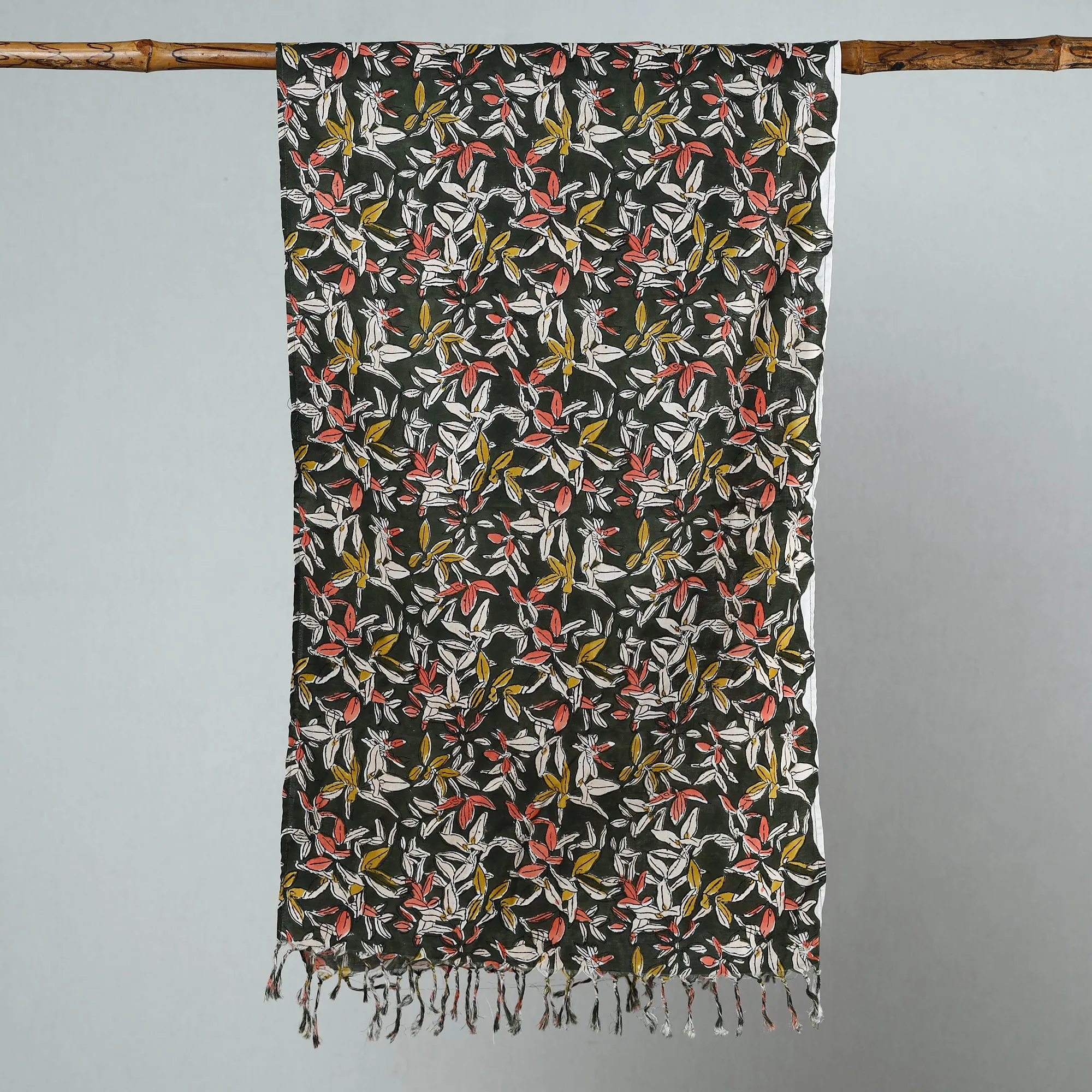 Green - Sanganeri Block Printed Cotton Stole with Tassels 45