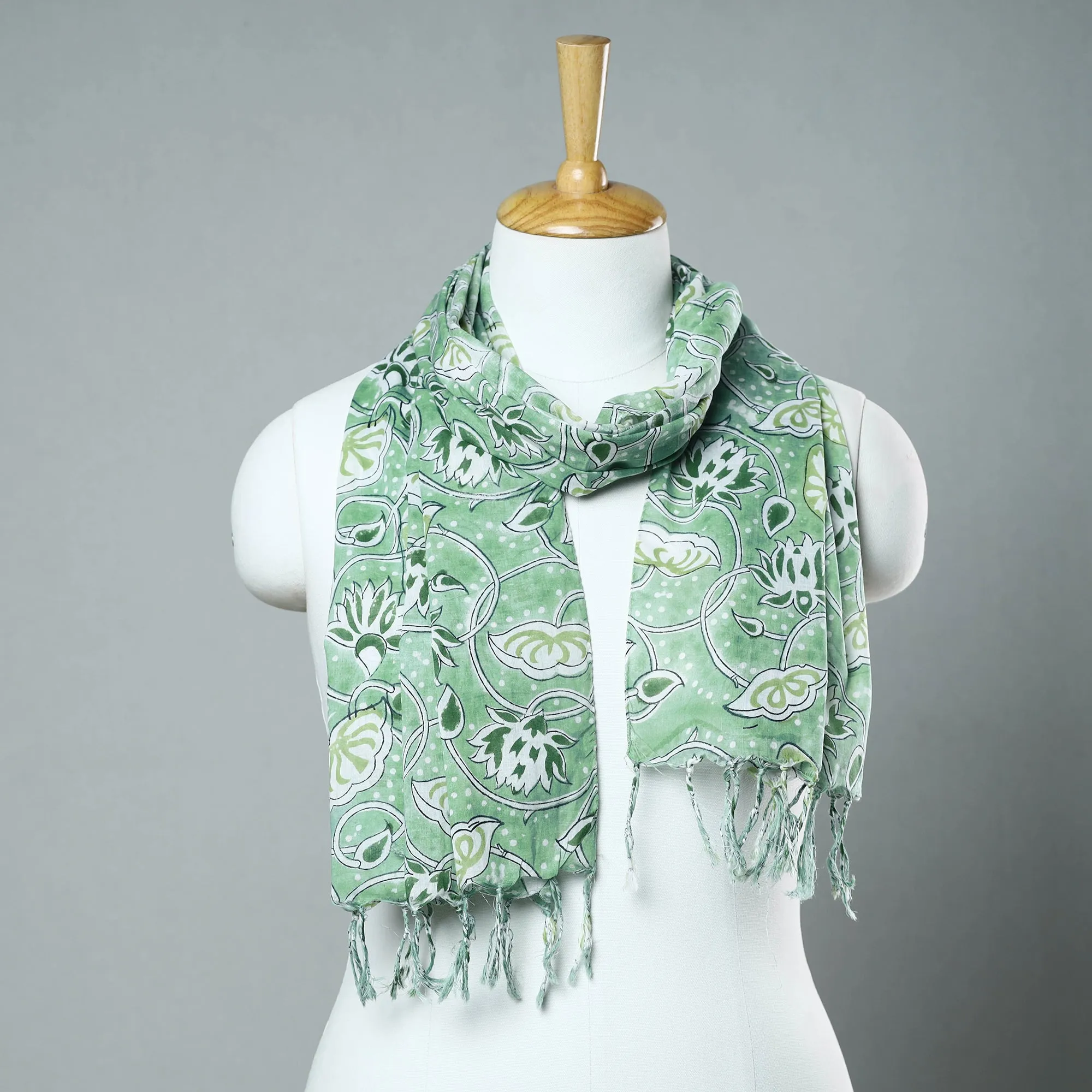 Green - Sanganeri Block Printed Cotton Stole with Tassels 58