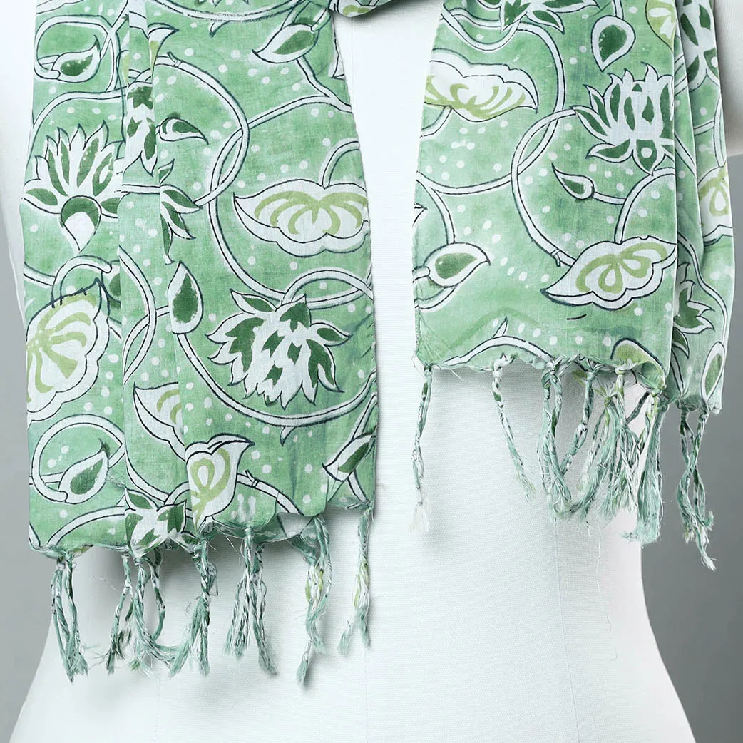 Green - Sanganeri Block Printed Cotton Stole with Tassels 58