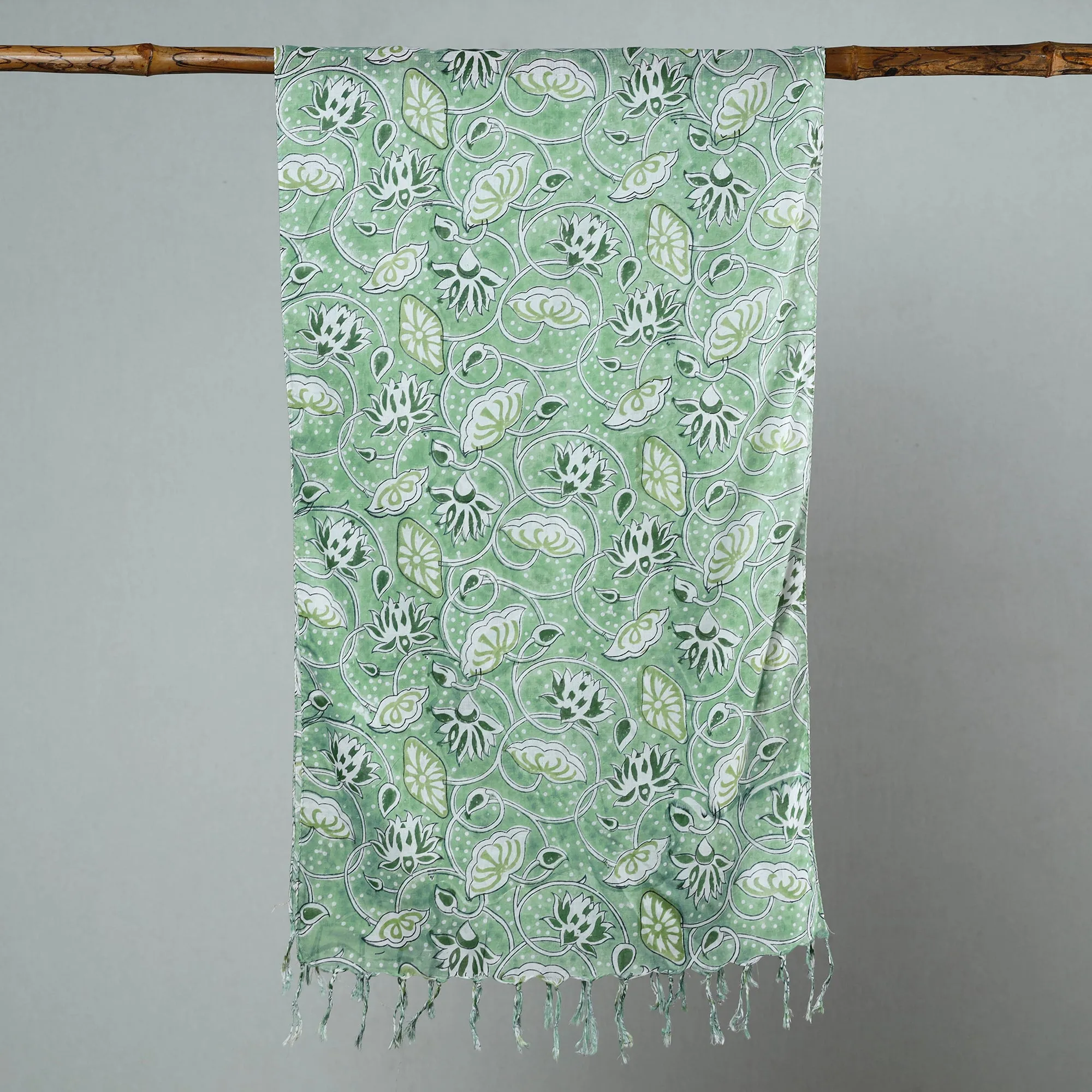 Green - Sanganeri Block Printed Cotton Stole with Tassels 58