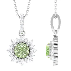 Green Sapphire and Diamond Halo Pendant