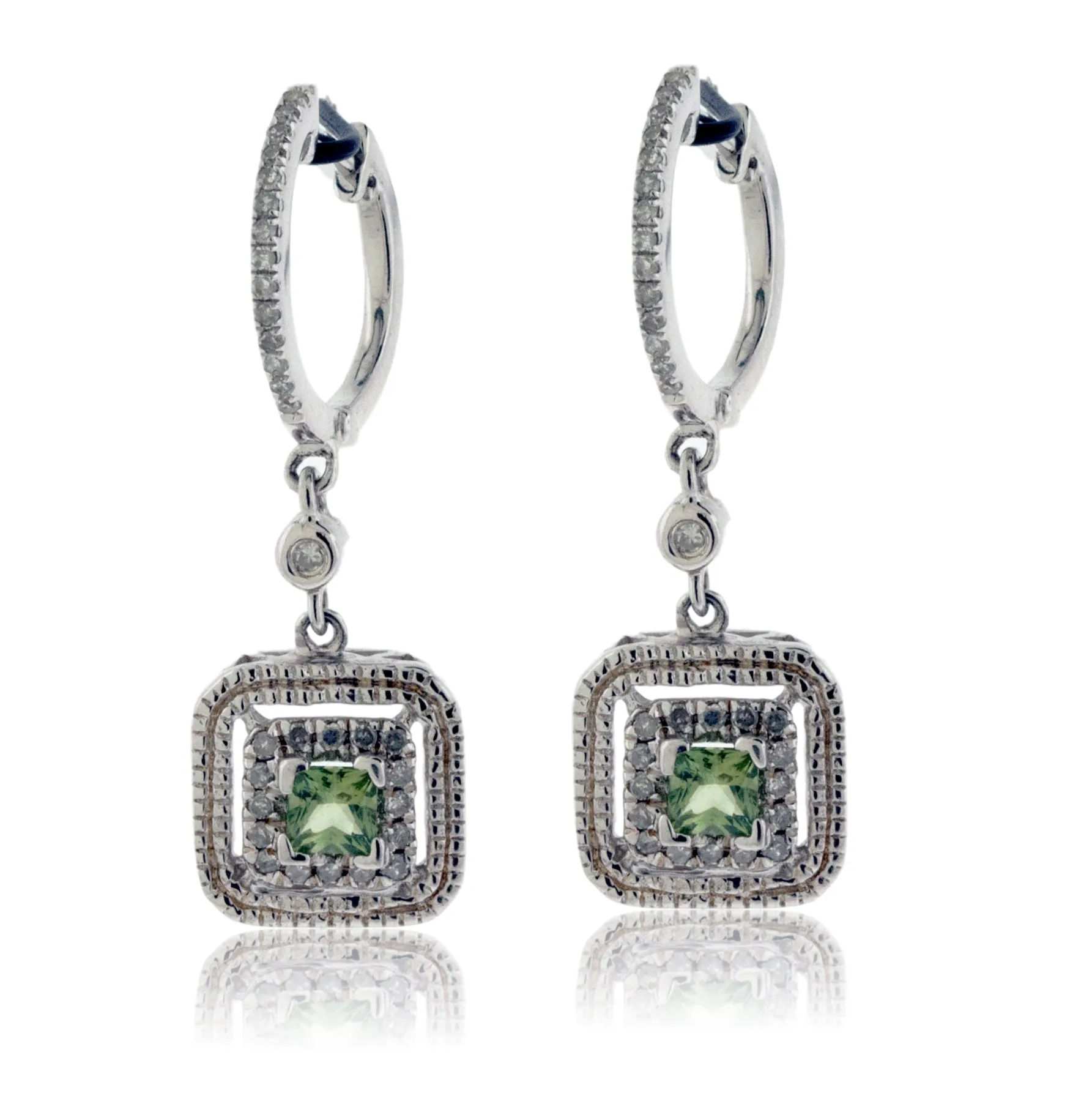 Green Sapphire and Diamond Square Dangle Earrings