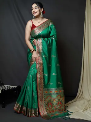 Green Saree in Paithani Silk with Peacock Zari and Contrast Border