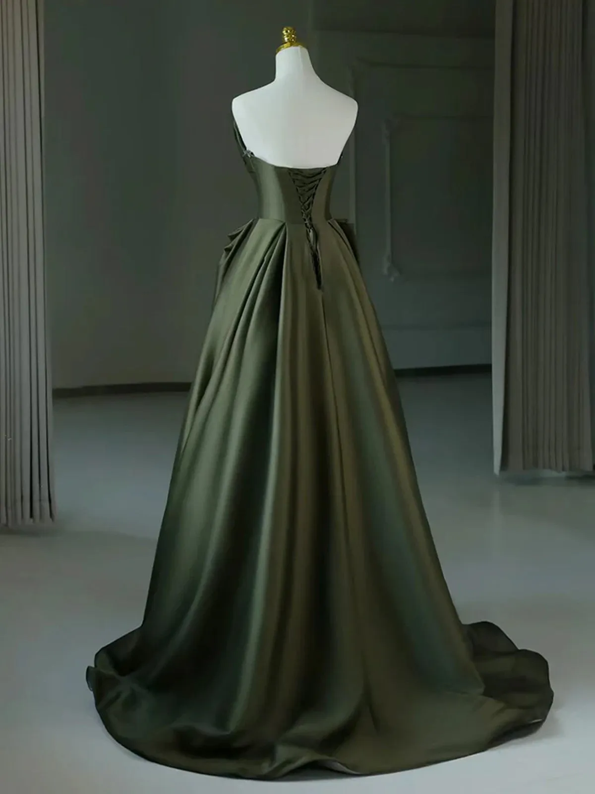 Green Satin A-line V-neckline Long Formal Dress, Green Satin Prom Dress